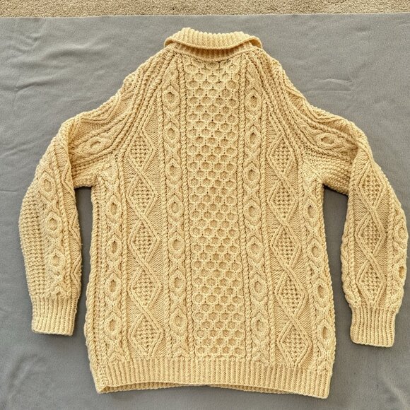 Vintage Irish Wool Sweater Hand Knit Cardigan Collar Ivory Chunky Fisherman READ - Picture 7 of 16